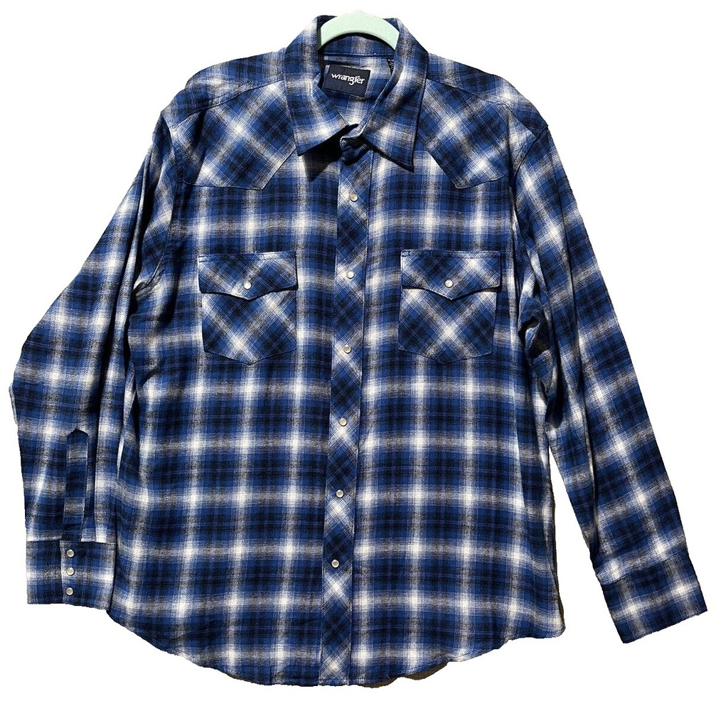 Wrangler Shirt Men's XL Blue Plaid Pearl Snap Sawtooth Rancher Western Rodeo